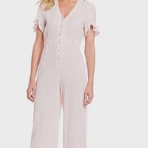 A Loves A Striped Cotton Linen Wide Leg Jumpsuit Flutter Short Sleeves